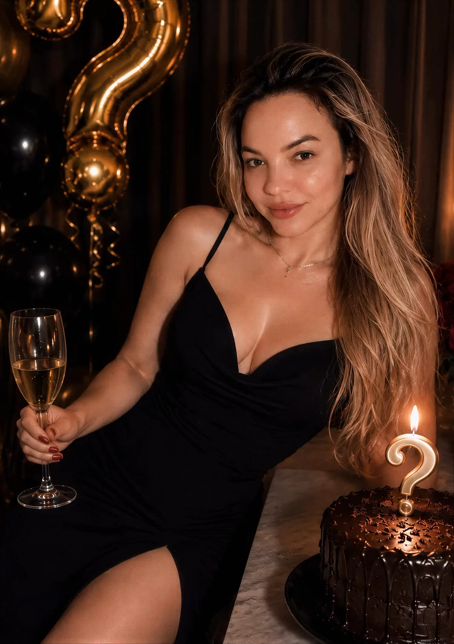 Roberta Graciana de vestido preto, com taça e bolo de aniversário