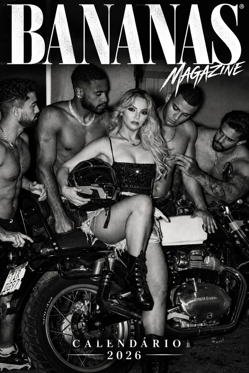Capa do Calendário 2026 da Bananas Magazine, com Roberta Graciana em uma moto
