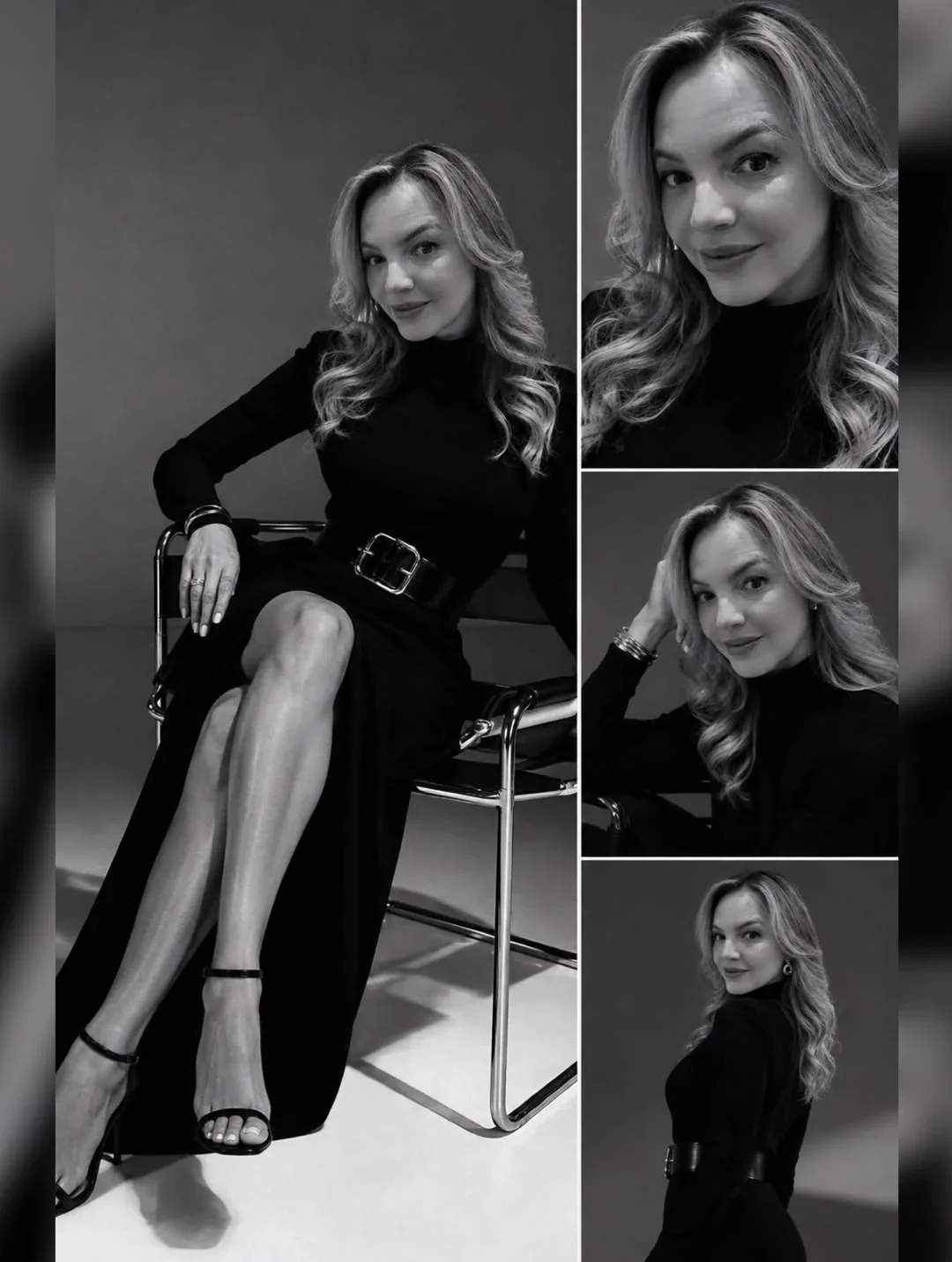 Colagem em preto e branco de Roberta Graciana, de gola alta, em cadeira e em retratos