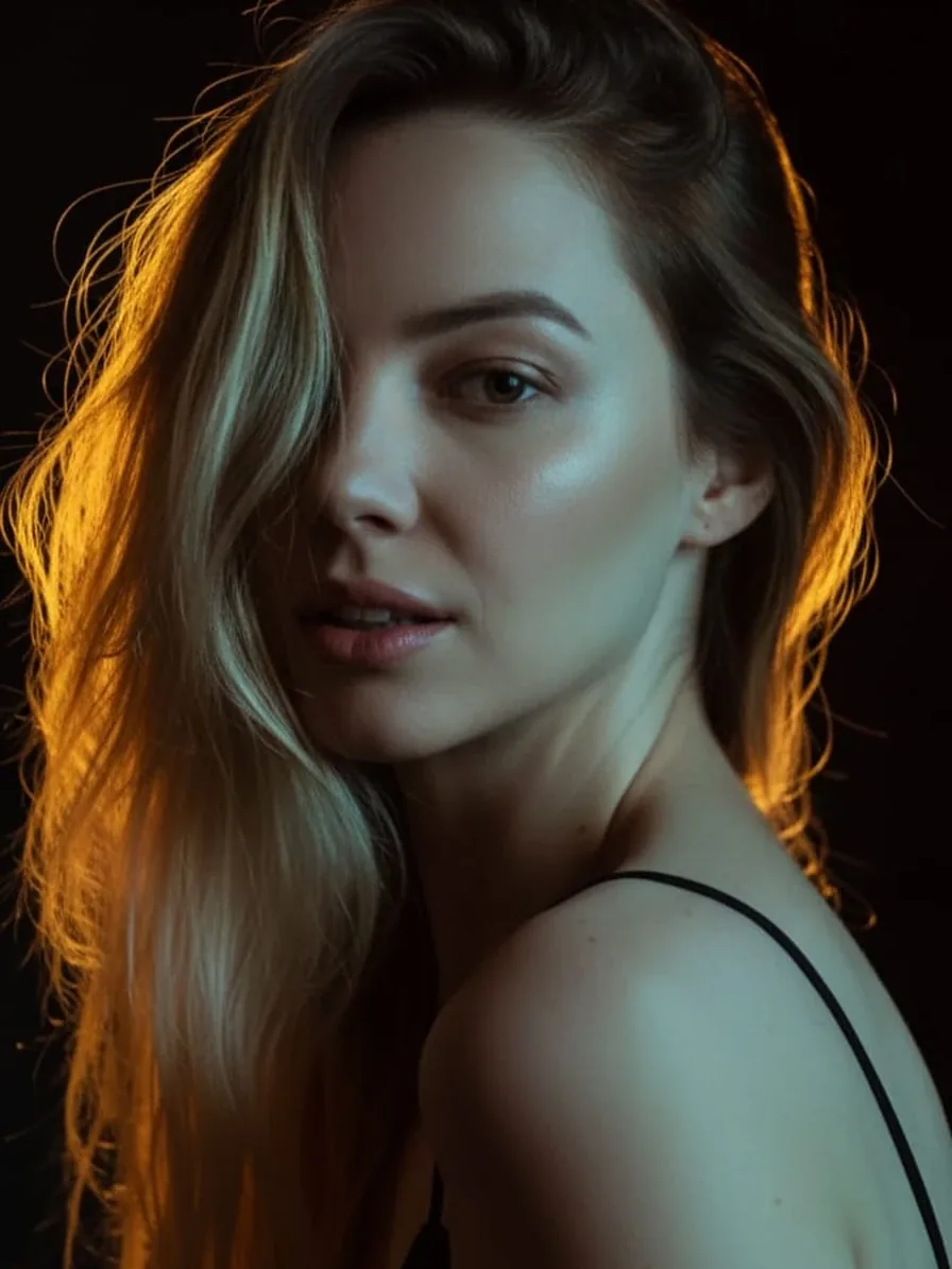 Retrato de Roberta Graciana em penumbra, com luz laranja nos cabelos