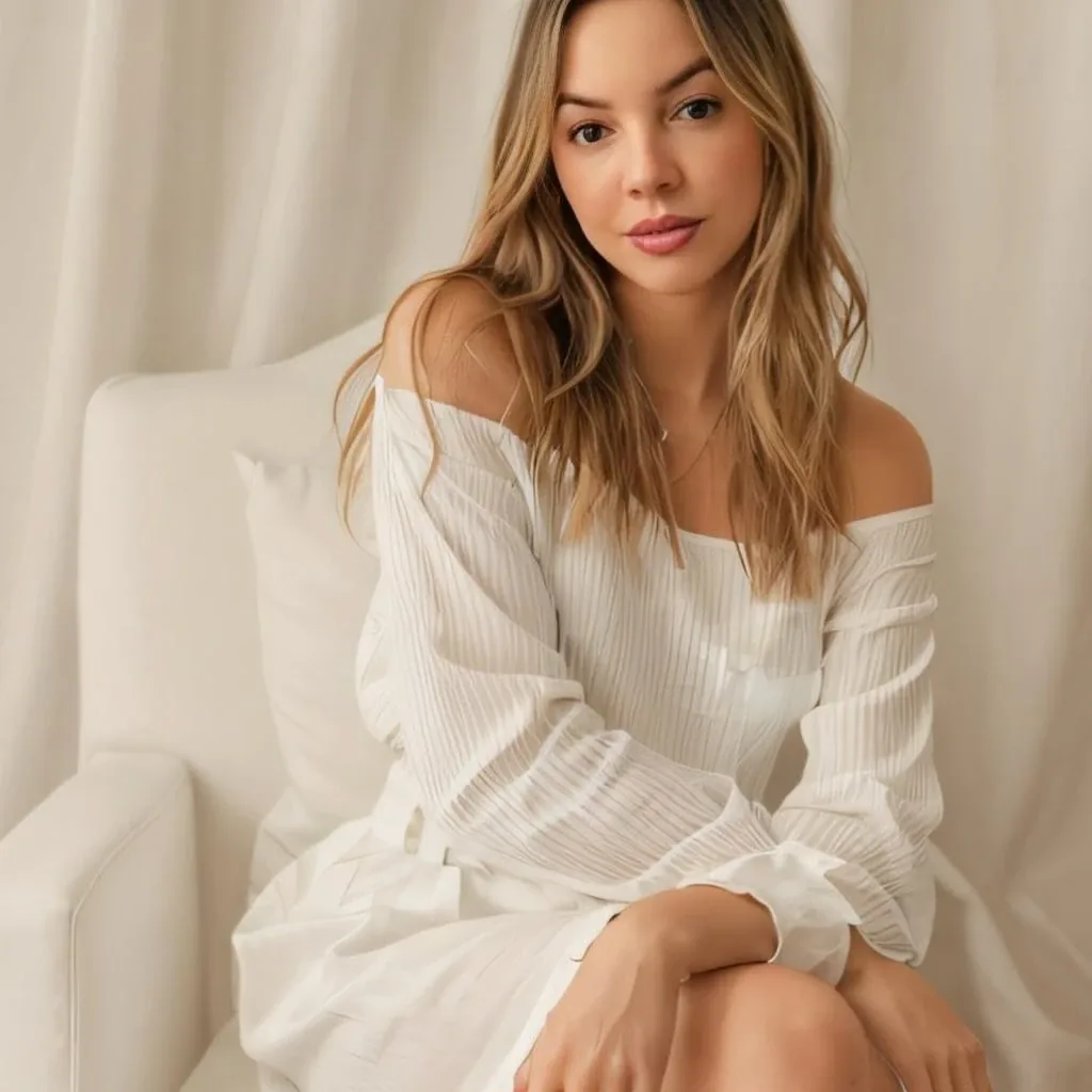 Roberta Graciana sentada em uma poltrona branca, de vestido leve, em retrato natural