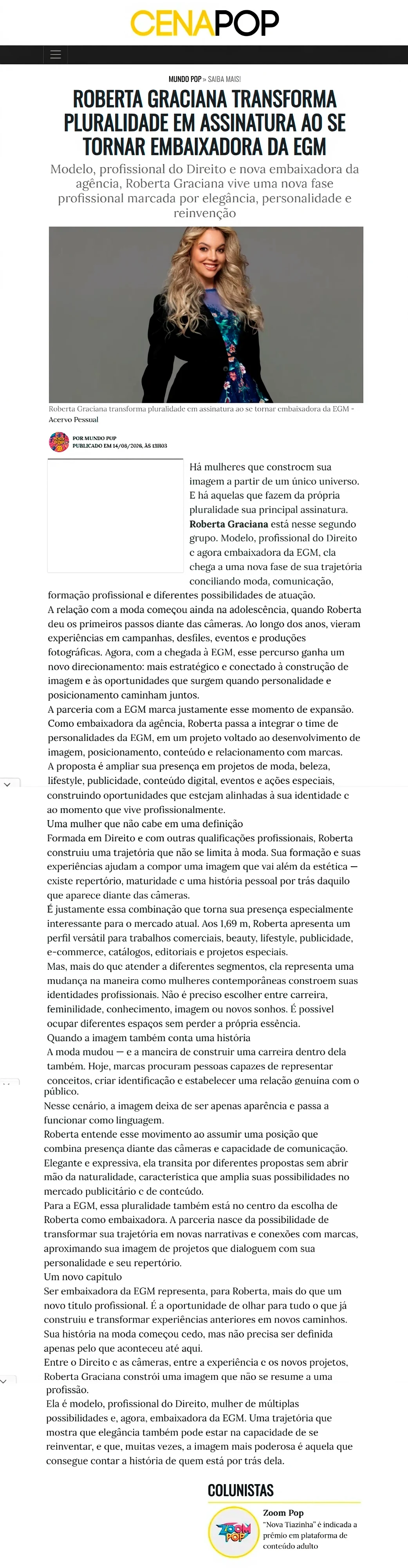Matéria no Cenapop/UOL: Roberta Graciana transforma pluralidade em assinatura ao se tornar embaixadora da EGM